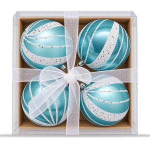 Set 4 globuri de Craciun, albastru cu sclipici argintiu pentru brad, 16x16x7cm