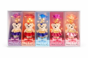 Set 5 ursuleti cu floare artificiala LED si baterii incluse, Happy Every Day, 25 x 9.5 cm