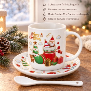 Set cadou de Crăciun cană ceramică cu farfurioară și linguriță, 3 piese, 16x18cm - Img 2