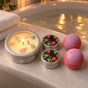 Set cadou spa Wax Wonder, aroma rodie neagră, 3 lumânări și 2 bombe de baie, 27 x 18 cm - Img 3