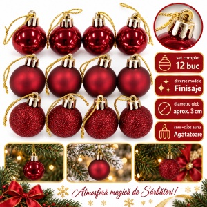 Set de 12 globulete de Craciun, bordo, din plastic, modele diverse in set, 3 cm