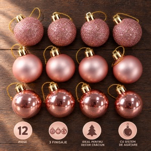 Set de 12 globulete de Craciun, rose-gold, din plastic, modele asortate in set, 3 cm - Img 8