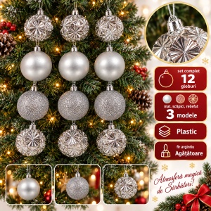 Set de 12 globuri de Crăciun argintii, model mat, cu sclipici și reliefat, din plastic - Img 5
