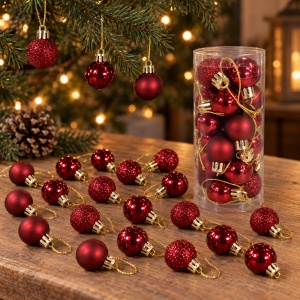 Set de 24 globuri de brad, bordo, din plastic, modele diverse, 20 × 7,5 cm - Img 6