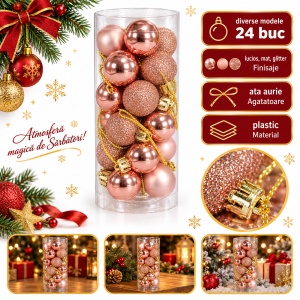 Set de 24 globuri de brad, rose-gold, din plastic, modele diverse, 20 × 7,5 cm