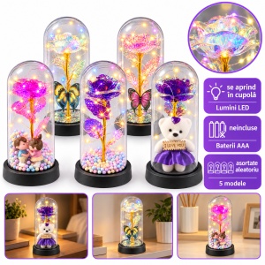 Set de 5 Cupole cu trandafir artificial și lumini LED, modele aleatorii , din plastic - Img 2