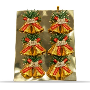 Set de 6 bucăți clopoței dubli de Crăciun aurii, fundiță roșie, ambalaj 20x15 cm - Img 2