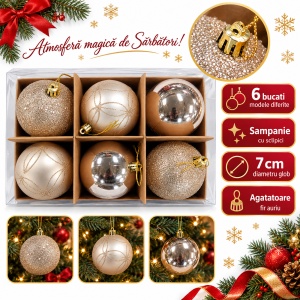Set de 6 globuri de Crăciun, Champagne, din plastic, modele diferite cu sclipici, 7cm