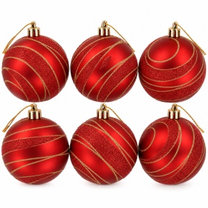 Set de 6 globuri de Crăciun roșii cu sclipici auriu, din plastic, 9 cm - Img 6