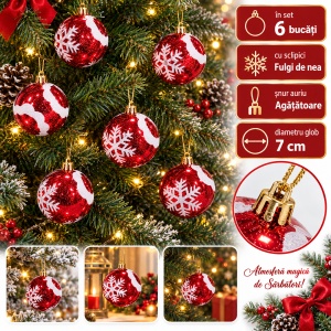 Set de 6 globuri de Crăciun roșii, model cu fulgi albi cu sclipici, din plastic, 7 cm