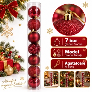 Set de 7 globuri de brad, bordo, din plastic, modele asortate, cu agățătoare aurie, 6 cm