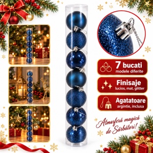 Set de 7 globuri de Craciun, albastre, modele asortate in set, din plastic, 7 cm - Img 2