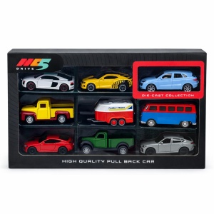 Set de 9 masinute metalice die-cast, modele diverse, functie pull back, 10cm