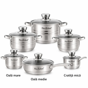 Set oale și tigaie din oțel inoxidabil cu capace din sticlă,12 piese, compatibil inducție