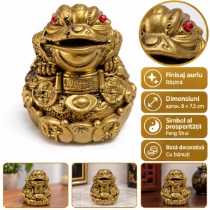 Statuetă broască Feng Shui cu bănuți, rășină, aurie, aprox. 8 × 7,5 cm