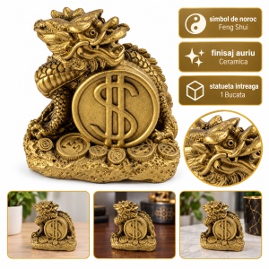 Statuetă feng shui dragon cu monedă norocoasă, ceramică aurie, aprox. 9 × 8 cm