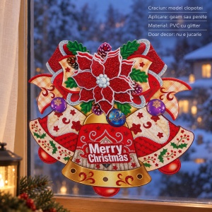 Sticker decorativ de Craciun cu clopotei, pentru geam sau perete, PVC cu glitter, 44x40 - Img 3