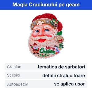 Sticker decorativ de Craciun, model Mos Craciun, cu sclipici si clopotei, 28x19cm - Img 2