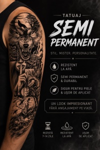 Tatuaj Semipermanent cu Lup, Siluetă Feminină și Elemente Gotice – 45 cm - Img 2