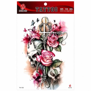 Tatuaj Temporar Semipermanent Craniu, Trandafiri și Ancoră – 20 cm, Rezistent la Apă, Efect Realist