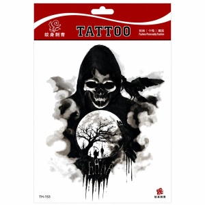 Tatuaj Temporar Semipermanent Grim Reaper cu Craniu și Corb – 20 cm, Rezistent la Apă