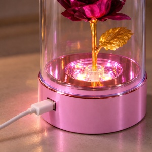 Trandafir Decorativ Mov in Cupola cu lumini LED, cu tulpina aurie, 15,5 cm - Img 4
