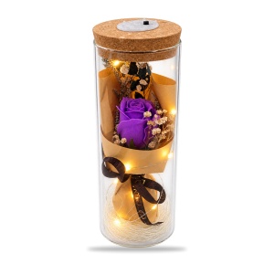 Trandafir mov de săpun în cupolă de sticlă cu lumini LED, buton ON/OFF, 25 cm - Img 2
