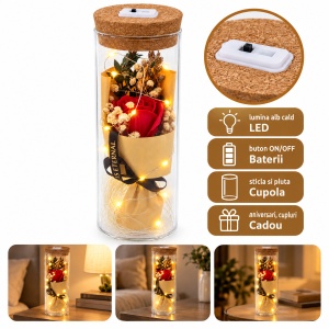 Trandafir rosu de săpun în cupolă de sticlă cu lumini LED, buton ON/OFF, 25 cm - Img 4