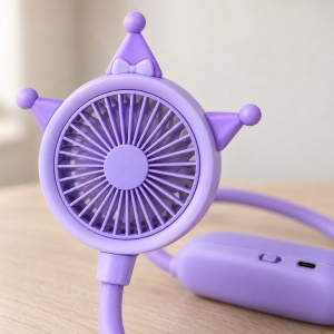 Ventilator de gât portabil cu 2 trepte de viteză, model cartoon cu coroniță, mov - Img 4