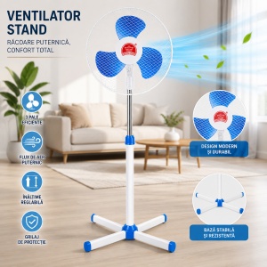 Ventilator de Podea Alb cu Albastru, 3 Pale, 3 Viteze, Înălțime Reglabilă, Silențios și Economic - Img 2