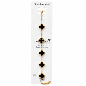 Brățară aurie Roxé cu trifoi negru elegant, inoxidabil, reglabilă 18+6.5 cm