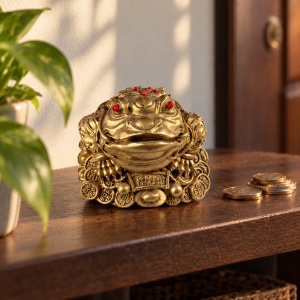 Broasca norocoasa feng shui din ceramica, pe monede chinezesti, auriu, 7 cm - Img 3