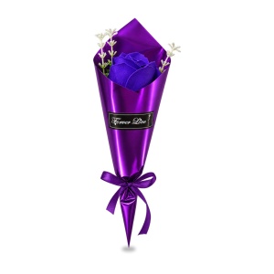 Buchet decorativ cu trandafir mov din sapun, cu funda satinata, 35 cm - Img 2