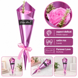 Buchet decorativ cu trandafir roz din sapun, cu funda satinata, 35 cm