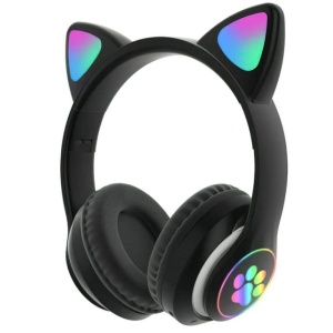 Căști wireless cu urechi de pisică și lumini LED, design ergonomic, Negru