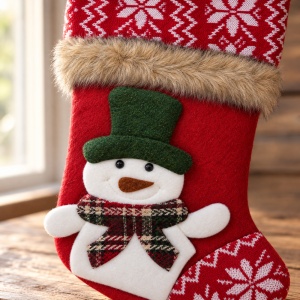 Ciorap de Crăciun decorativ, model Om de Zăpadă, textil pufos, roșu cu alb, 35x17cm - Img 4