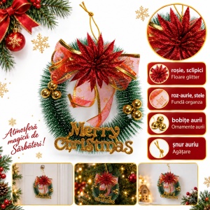 Coroniță de Crăciun artificială cu floare glitter roșie și fundă organza, 22 x 16 cm