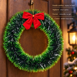 Coroniță de Crăciun cu fundă roșie catifelată, verde, decoratiune pentru ușă, 30cm - Img 2