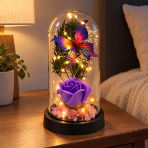 Cupolă decorativă cu trandafir mov și fluture, cu lumină LED, 20x9 cm - Img 3