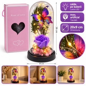 Cupolă decorativă cu trandafir mov și fluture, cu lumină LED, 20x9 cm
