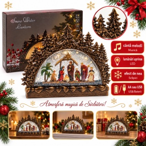 Decorațiune luminoasă de Crăciun cu scena Nașterii Domnului, cu muzică și sclipici, 17x13 cm