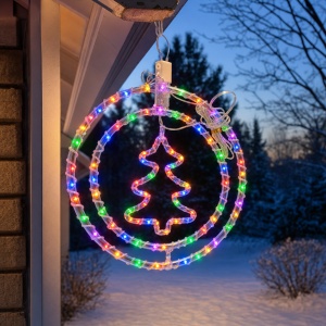 Decoratiune luminoasa de Craciun, model bradut cu cercuri LED, multicolor, priza 220V, 34x33cm - Img 2