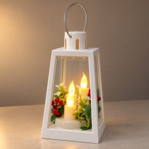Felinar decorativ de Crăciun cu lumânări LED și decor floral, plastic alb, 24x9 cm - Img 5