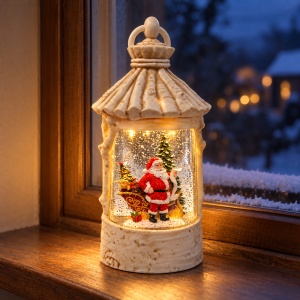 Felinar decorativ de Craciun cu Mos Craciun,cu lumini LED si muzica, crem, 23x9 cm - Img 3