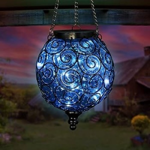 Felinar solar decorativ de grădină LED, sticlă albastră și metal, 15 LED-uri