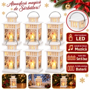 Felinare de Crăciun cu LED și muzică, set de 6 bucăți, albe, 8x15 cm