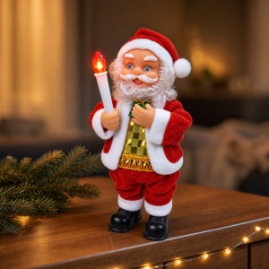 Figurină Moș Crăciun cu lumânare luminoasă, textil roșu-alb, 17 × 8 cm - Img 3