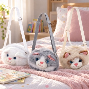 Gentuță de umăr pentru copii, model pisicuță, blăniță plușată, fermoar, 20 cm - Img 9