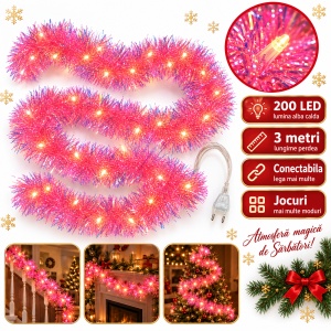 Instalație de Crăciun tip perdea cu beteală roz, 200 LED alb cald, 3 m, fir 1 m, interconectabilă - Img 2