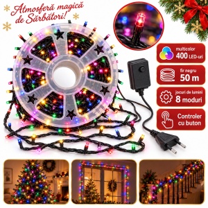 Instalație LED de Crăciun tip rolă, 50 m, 400 LED-uri, multicolor, fir negru, 8 jocuri de lumini